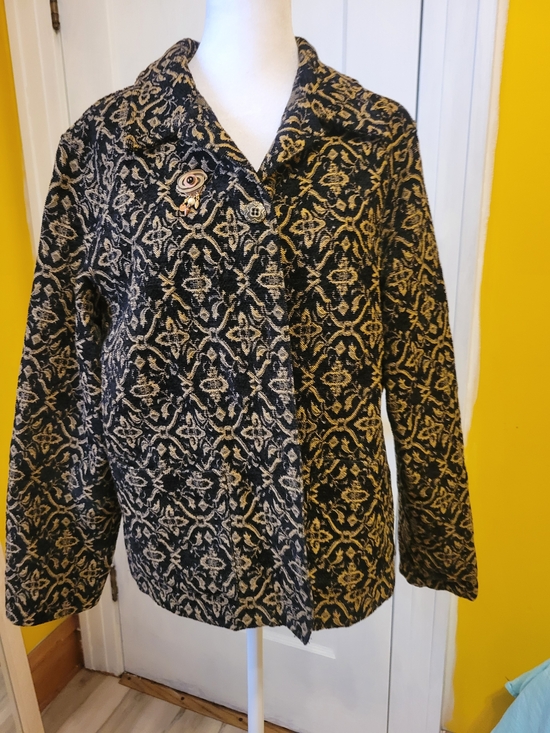 Field Gear Jackets & Blazers - Women's Vintage Black and Gold Patterned Blazer Jacket